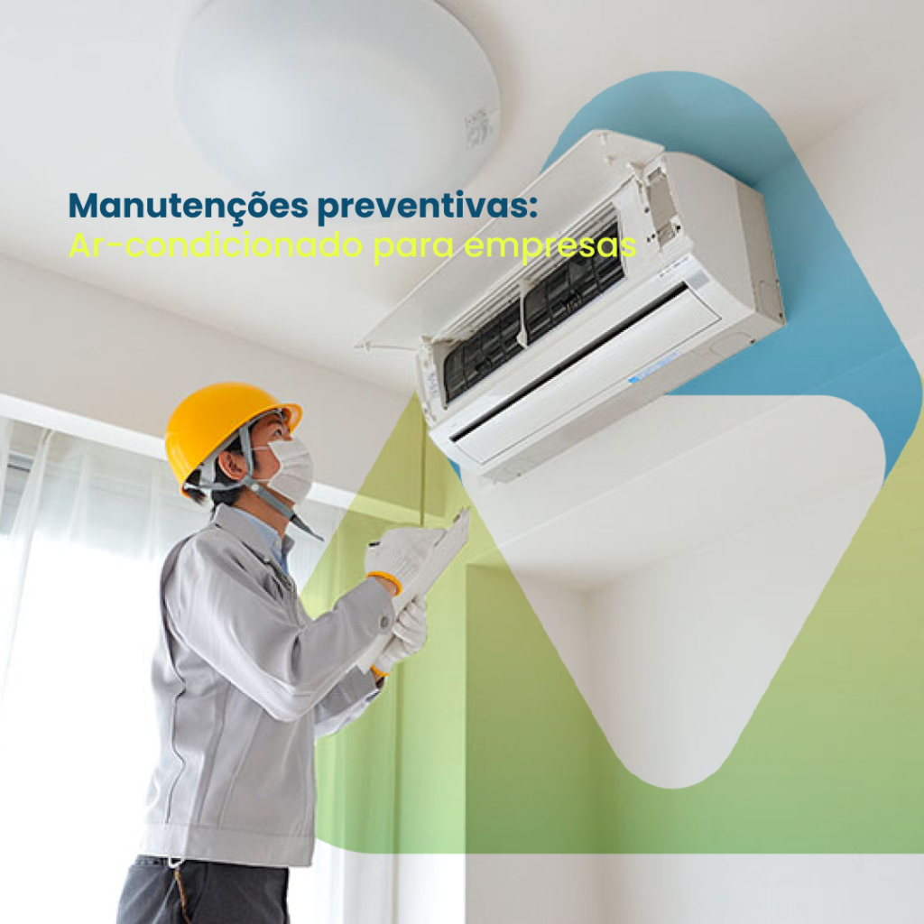 Imagem de um refrigerista analisando um ar-condicionado, o texto 'Manutenções preventivas em ar condicionado para empresas' e a logo da empresa Valttec