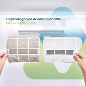 Imagem de um ar condicionado com uma tela limpa e uma suja, o texto 'Higienização de ar condicionado: saúde e eficiência' e a logo da empresa Valttec