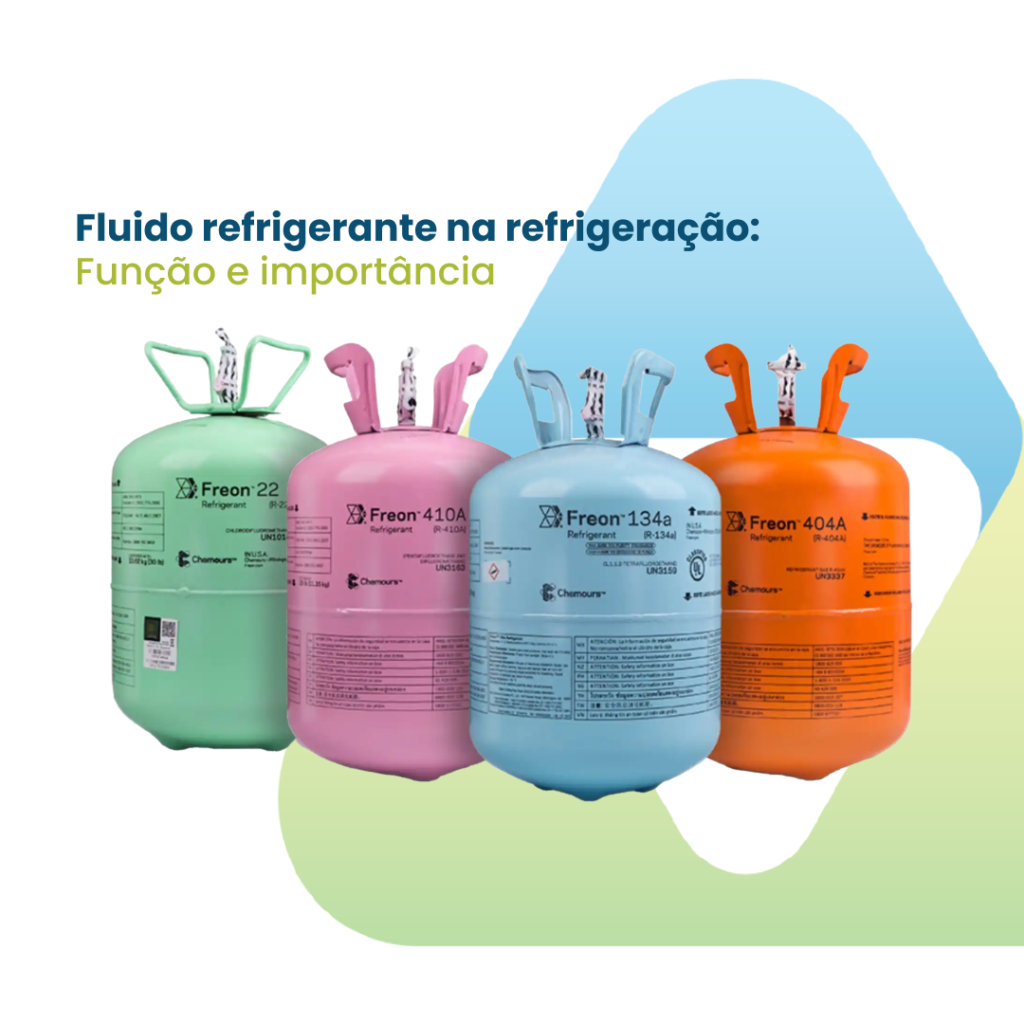 Imagem com vários Fluídos refrigerantes diferentes, o texto 'Fluido refrigerante na refrigeração: função e importância' e a logo da empresa Valttec