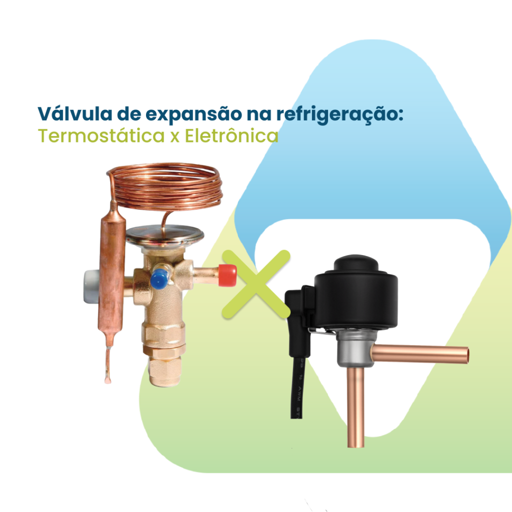 Na imagem temos duas válvulas de expansão, uma eletrônica e uma termostática, tambem temos o texto 'Válvula de expansão na refrigeração: termostática x eletrônica' e a logo da empresa Valttec