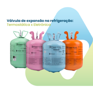 Imagem com vários Fluídos refrigerantes diferentes, o texto 'Fluido refrigerante na refrigeração: função e importância' e a logo da empresa Valttec