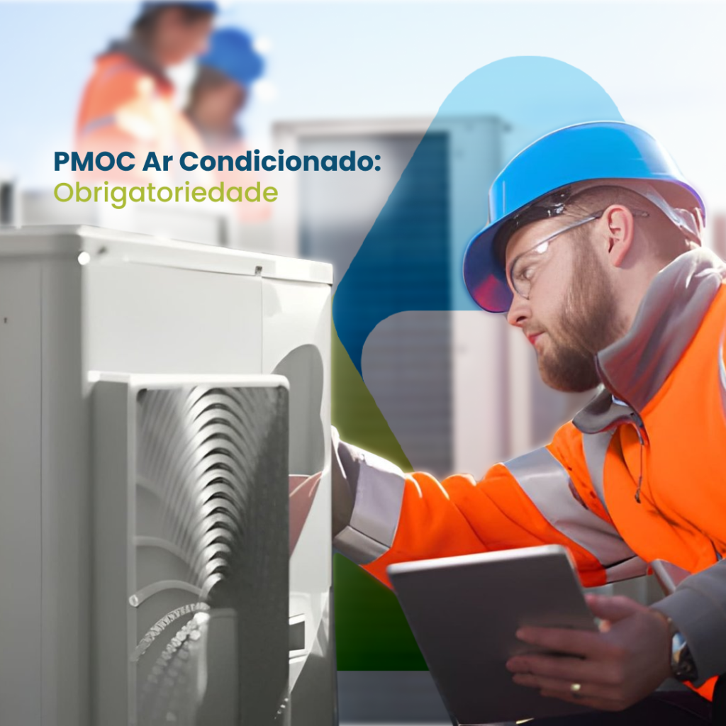 Refrigerista checando um ar-condicionado, o texto 'PMOC Ar Condicionado: Obrigatoriedade' e a logo da empresa Valttec