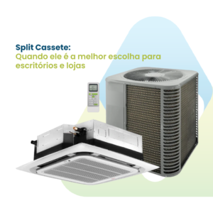 Imagem de um split cassete com o texto 'Split Cassete:  Quando ele é a melhor escolha para escritórios e lojas' e a logo da empresa Valttec